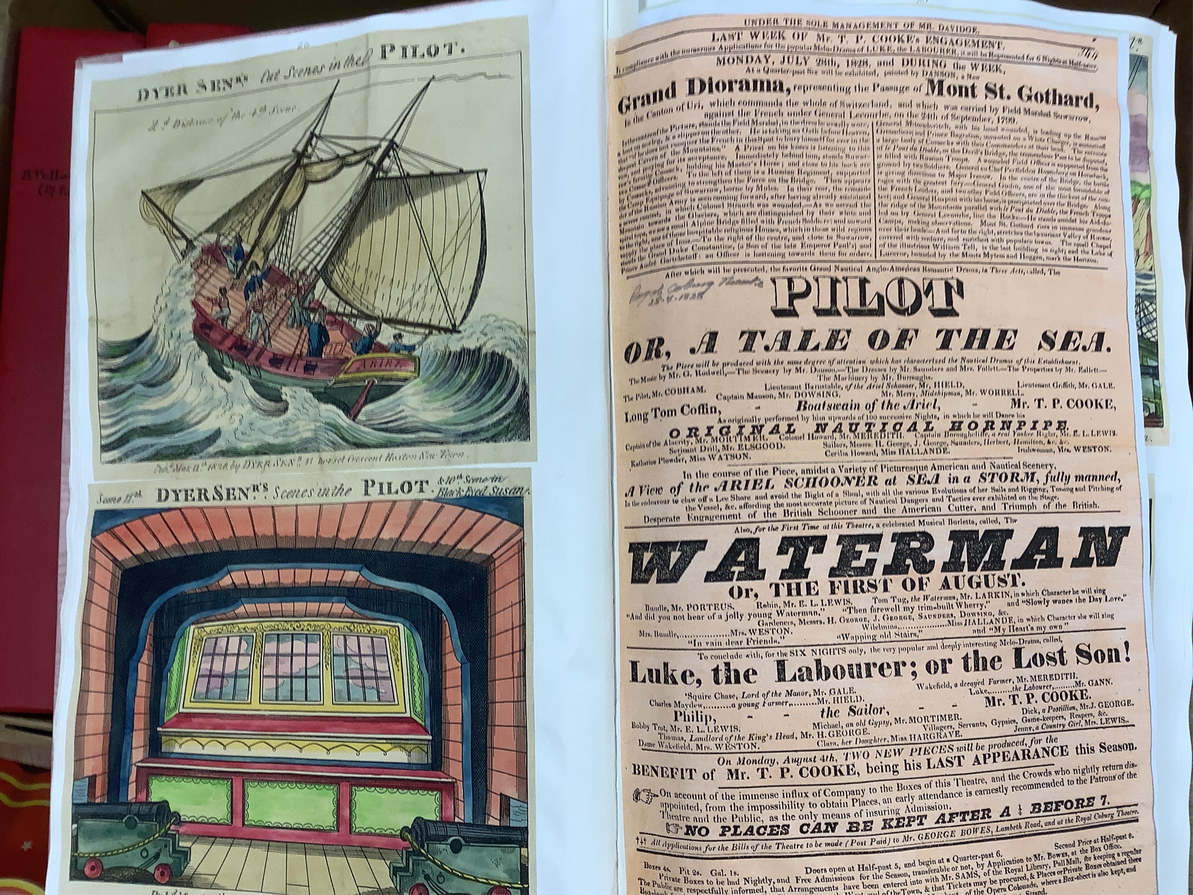 Juvenile Drama, an archive of Toy Theatre including Pollock, Green Edwards Bailey, Redington & Brett, Hodgson, Dyer Park, and others large scenes, back drops, scenery, portraits pasted into eight large albums